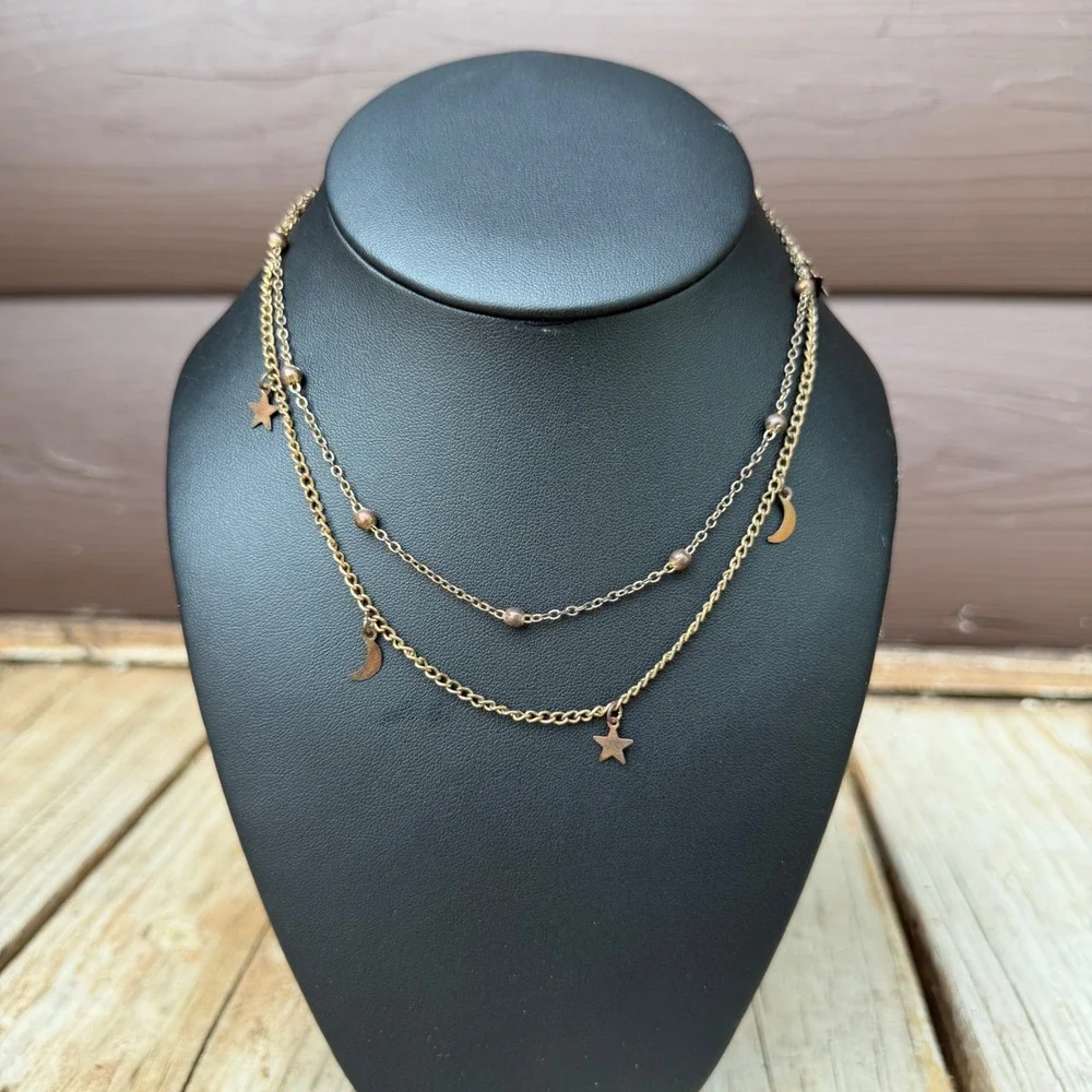 Whimsigoth Moon Star Layered Necklace Bronze Tone Celestial Dainty